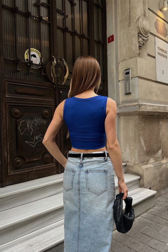Saks Askılı Triko Crop Top