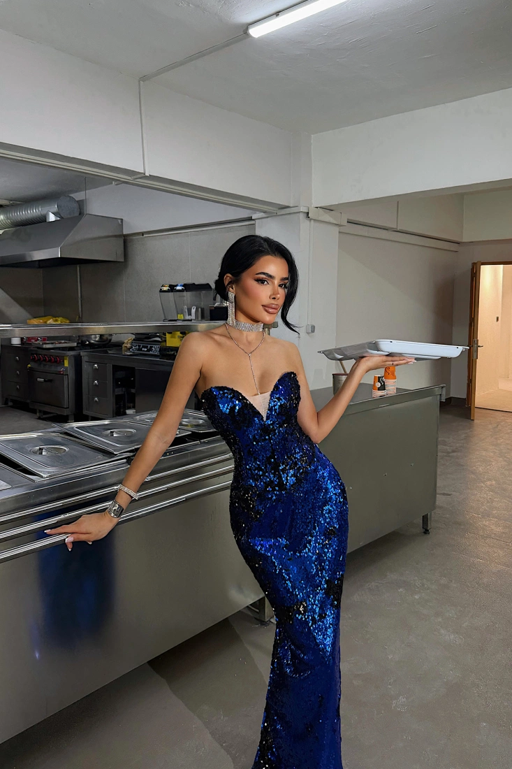 Saks Rococo Uzun Payetli Elbise ATE-4647 - EYYO