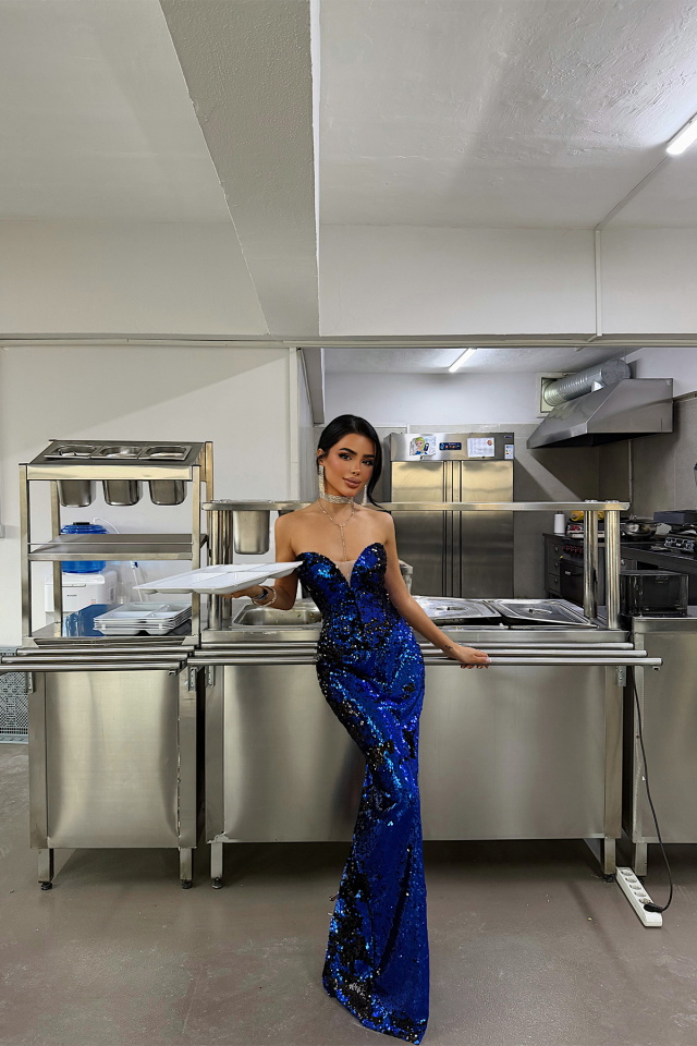 Saks Rococo Uzun Payetli Elbise ATE-4647 - 4