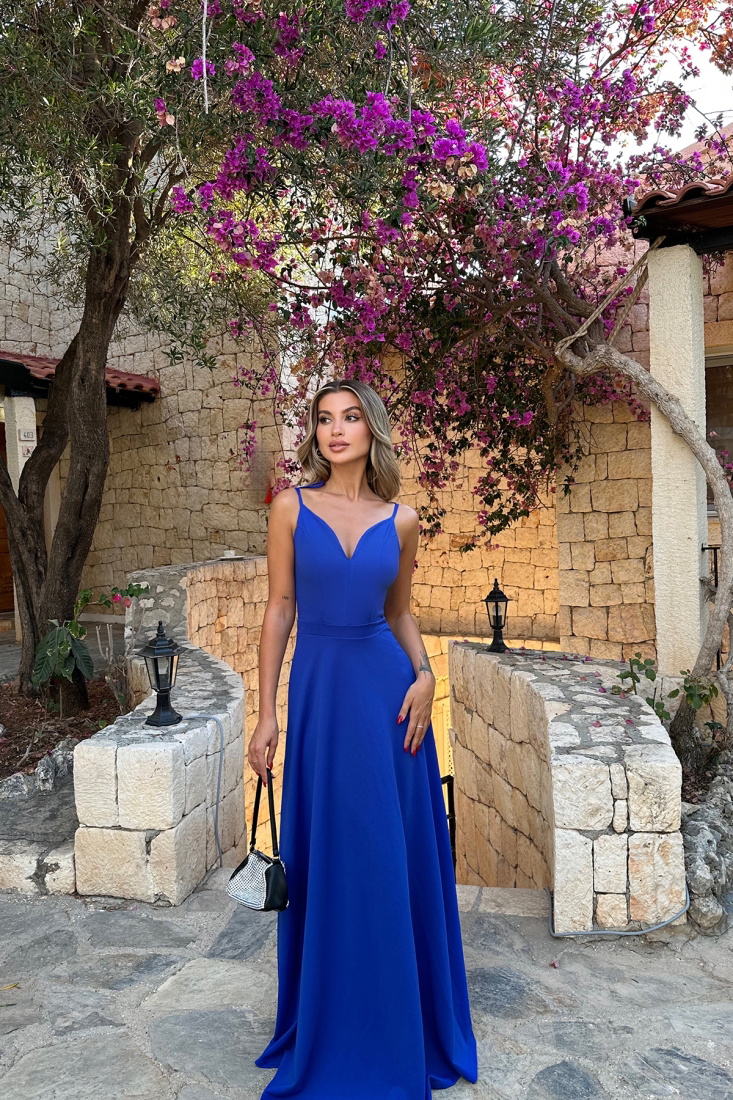 Saks Askılı Uzun Elbise ATEL2233 - EYYO