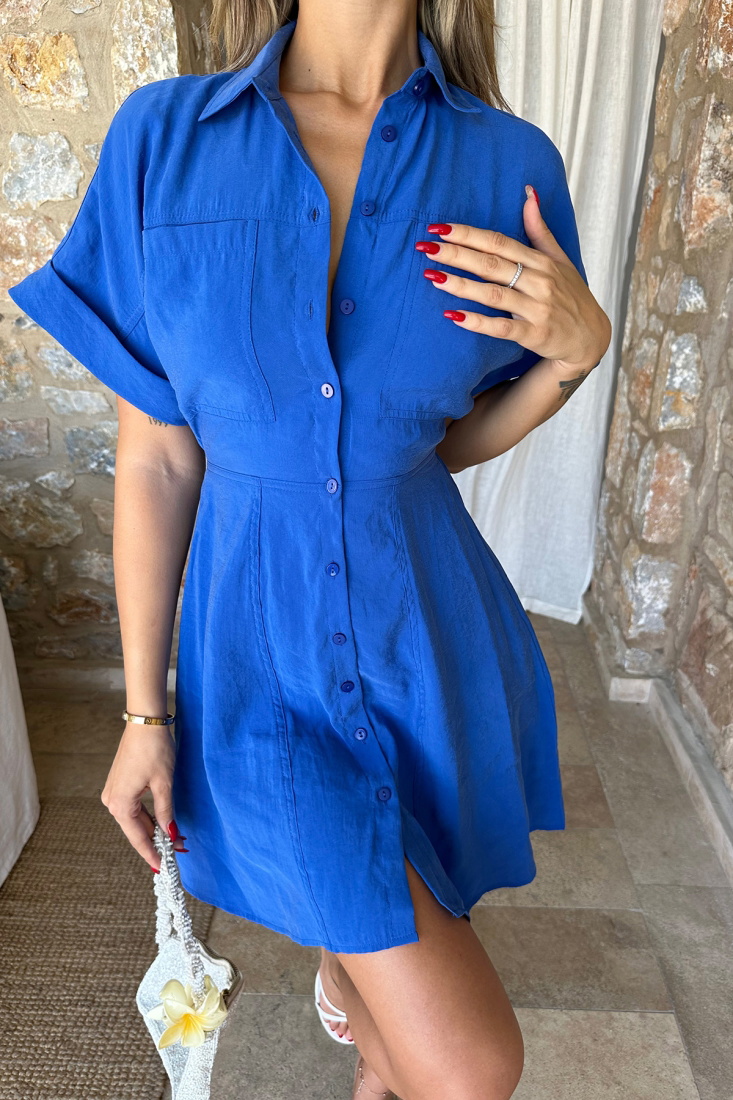 Saks Cep Detay Önü Düğmeli Elbise ATE8049 - EYYO