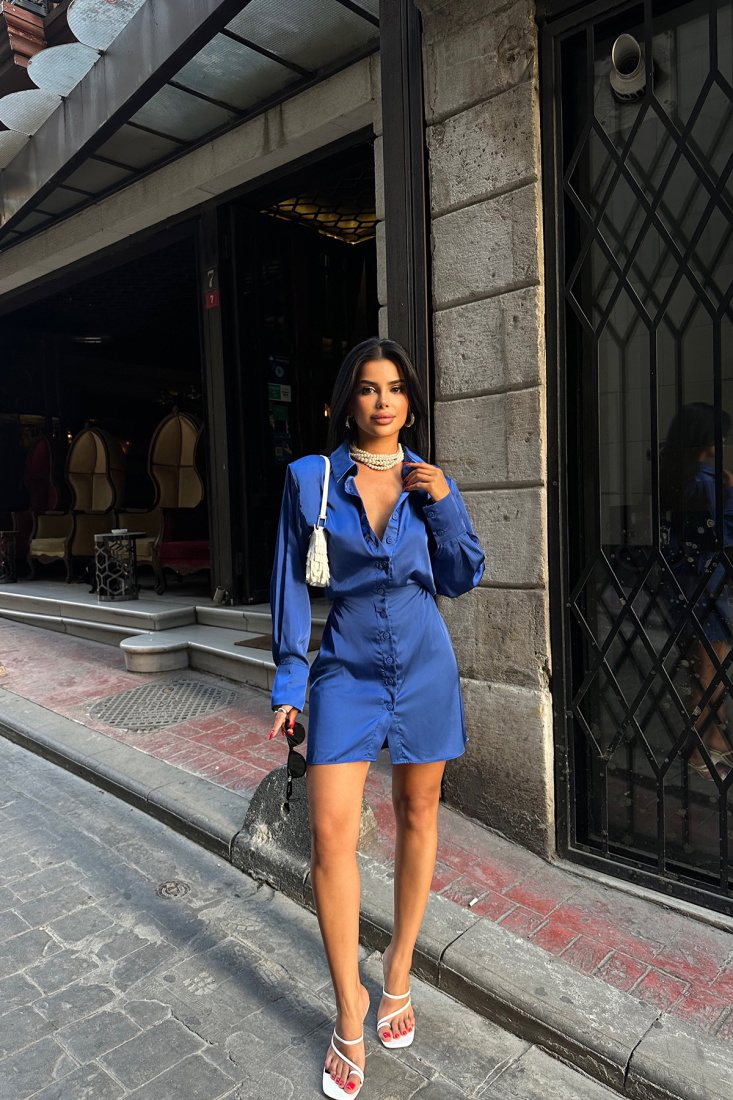 Saks Gömlek Yaka Mini Elbise ATE7833 - EYYO