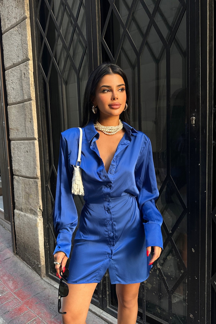 Saks Gömlek Yaka Mini Elbise ATE7833 - EYYO