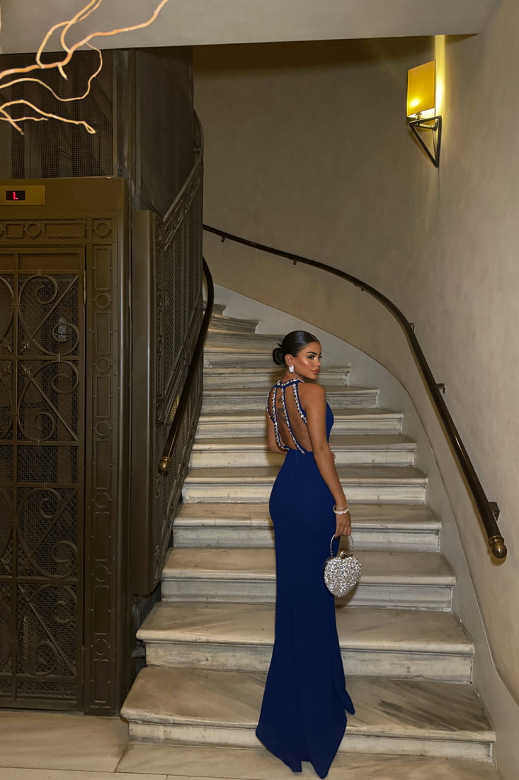 Saks Taş Detay Uzun Elbise ATE-1553 - EYYO