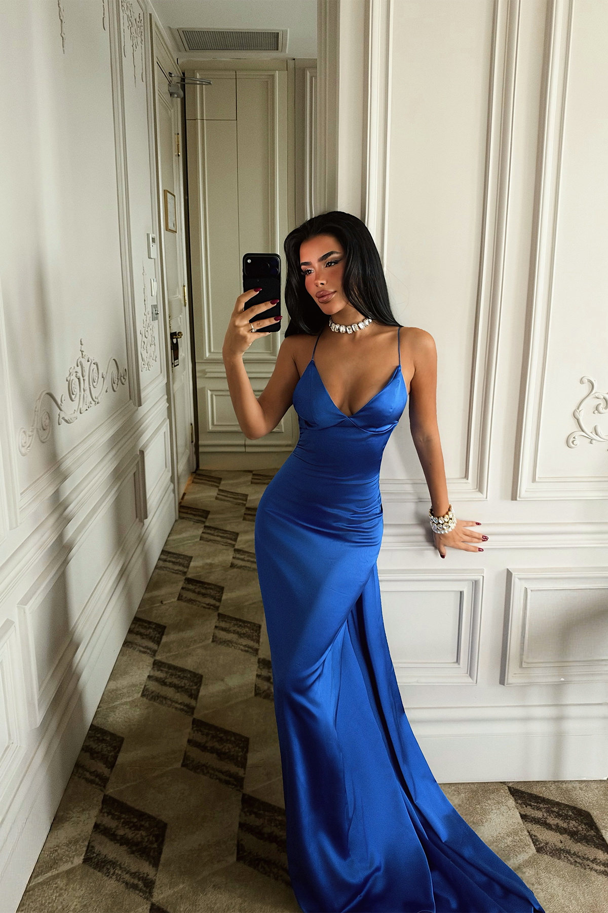 Saks İp Askılı Uzun Elbise - 3