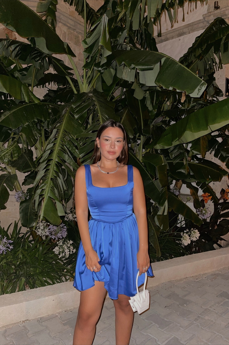 Carlina Saks Kare Yaka Elbise ATE1683 - EYYO ATELIER