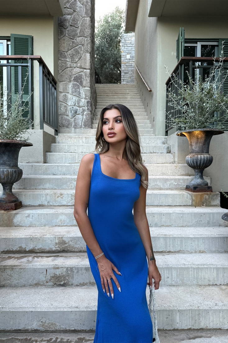 Saks Kare Yaka Uzun Elbise ATE7372 - EYYO