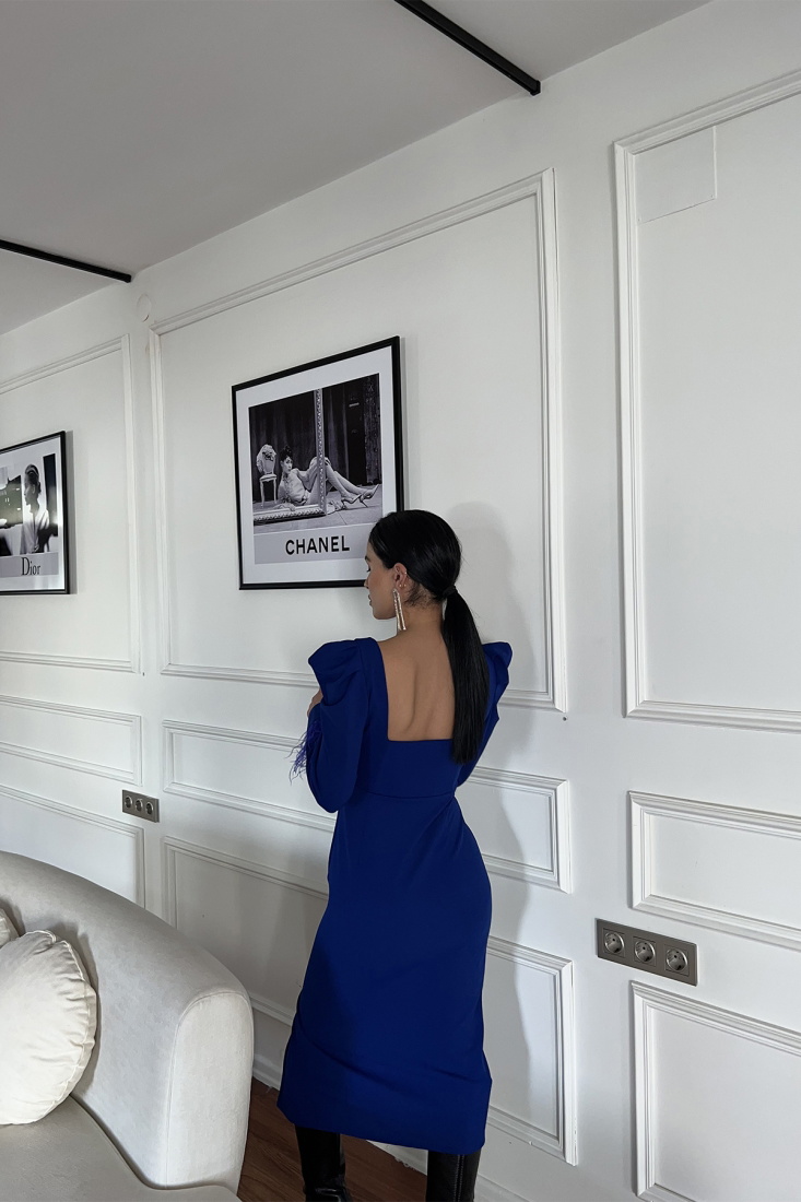 Saks Kare Yaka Yırtmaç Detay Elbise ATE3470 - EYYO