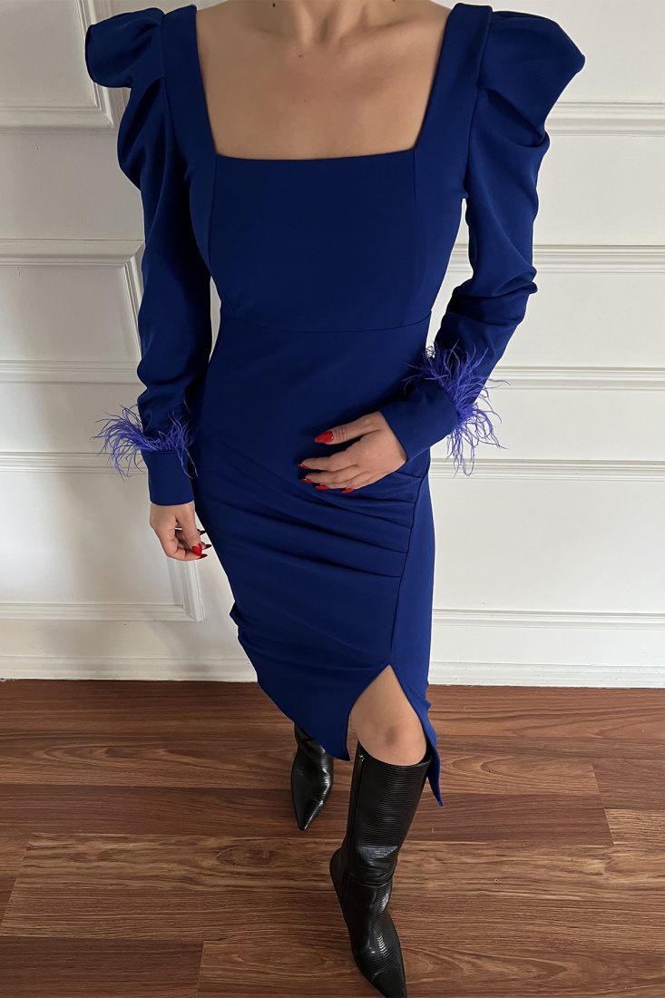 Saks Kare Yaka Yırtmaç Detay Elbise ATE3470 - EYYO