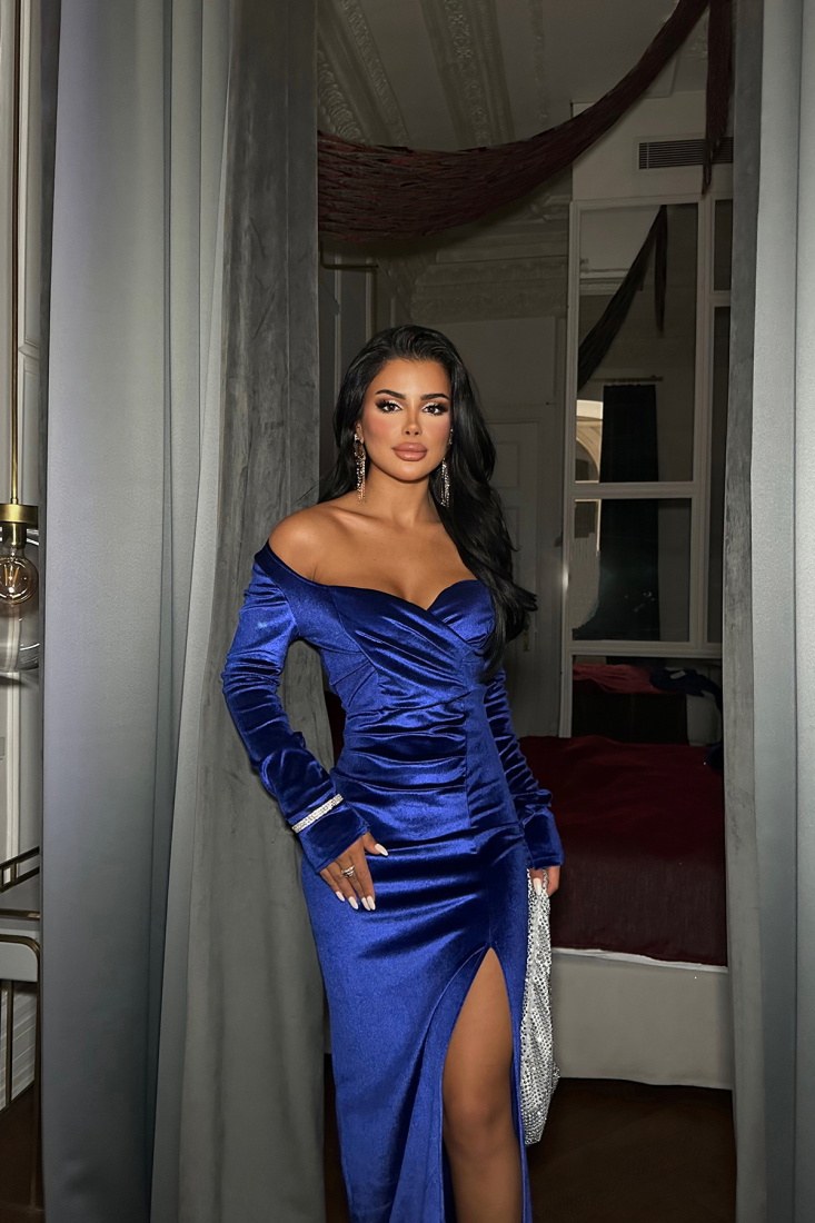 Saks Önden Yırtmaçlı Uzun Elbise ATE8549 - EYYO