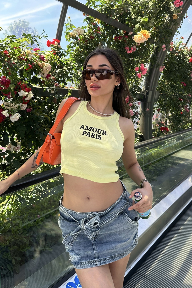 Sarı Amour Parıs Yazılı Crop Top ATE7317 - EYYO