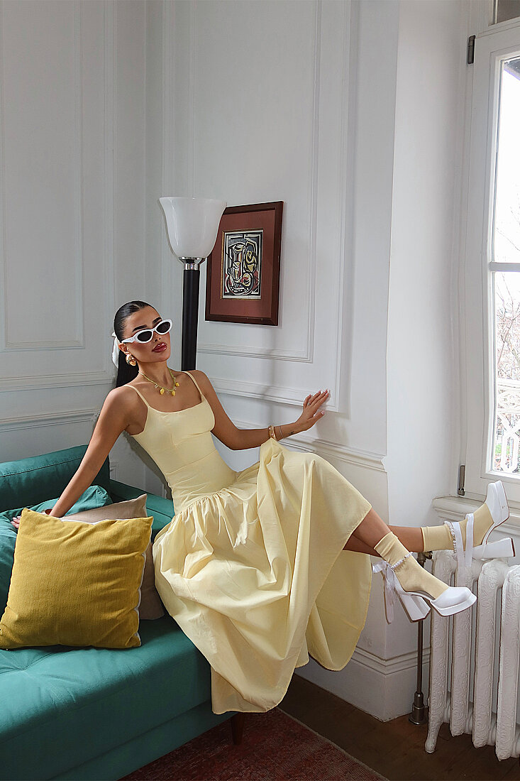 Sarı Basic Askılı Elbise ATE-5175 - EYYO