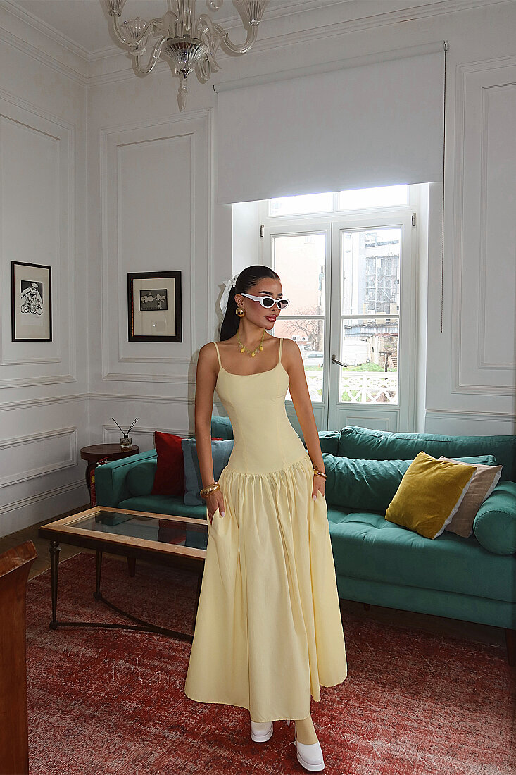 Sarı Basic Askılı Elbise ATE-5175 - EYYO