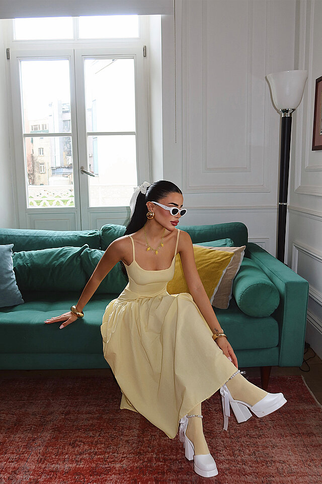 Sarı Basic Askılı Elbise ATE-5175 - 3