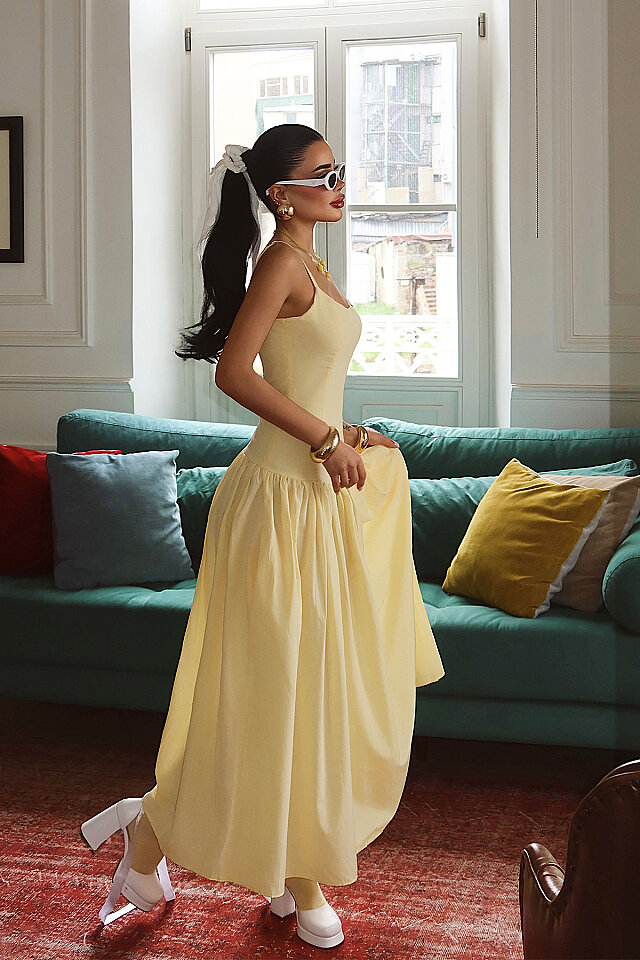 Sarı Basic Askılı Elbise ATE-5175 - 4