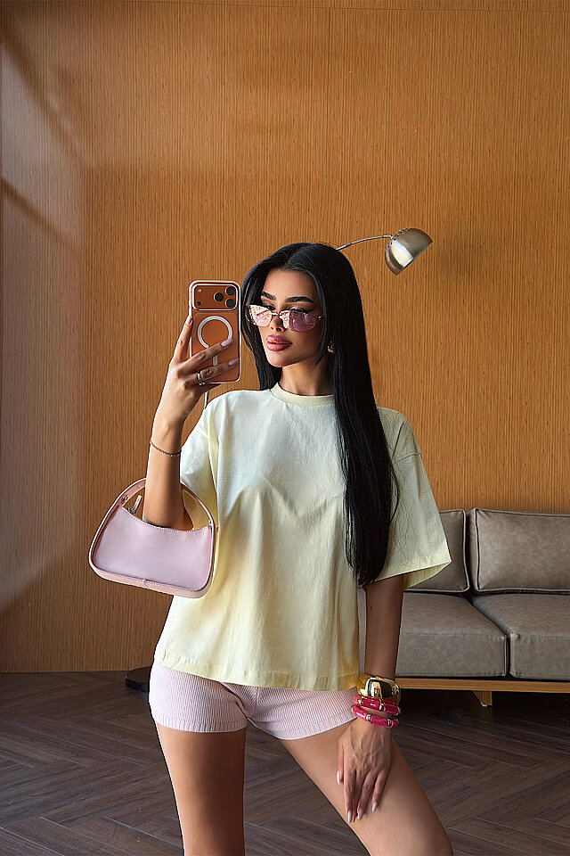 Sarı Baskılı Oversize Tişört ATE-5263 