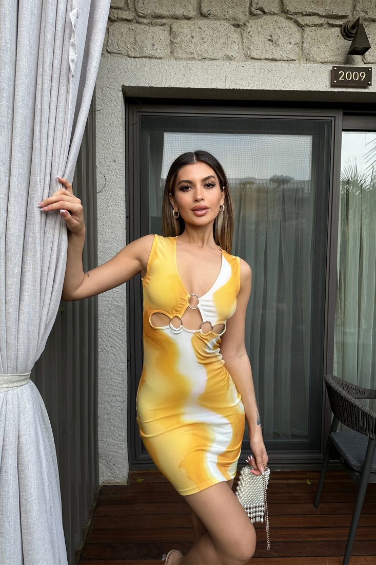 Sarı Batik Desen Mini Elbise ATE6182 - EYYO