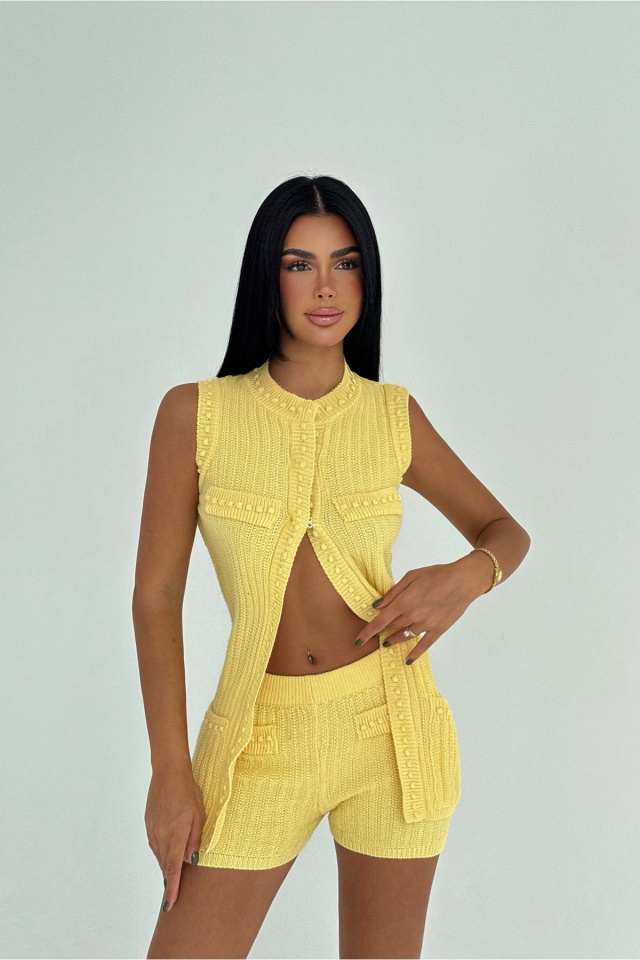 Sarı Alfie Mini Şortlu Triko Takım ATE-3585 - 2