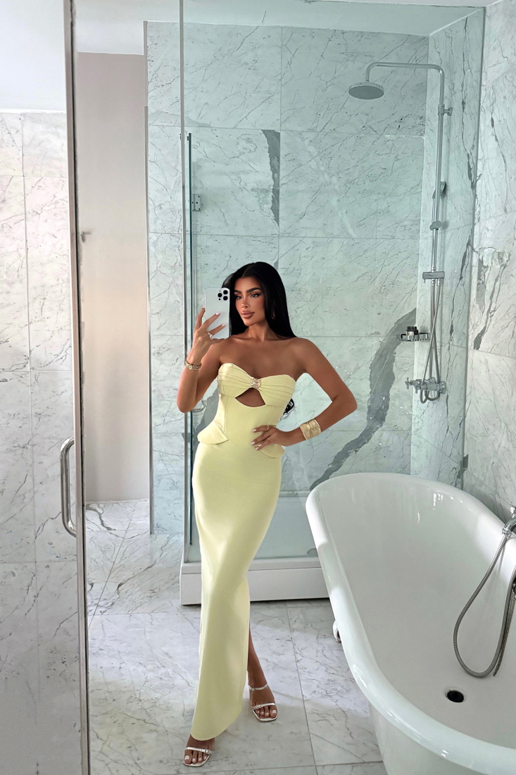Sarı Soho Korse Detaylı Uzun Elbise ATE-3202 - EYYO