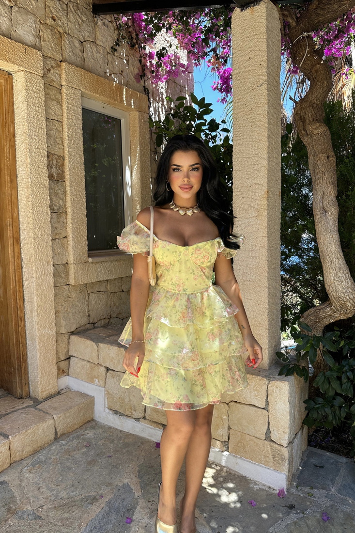 Sarı Çiçek Desen Tül Mini Elbise ATE7678 - EYYO