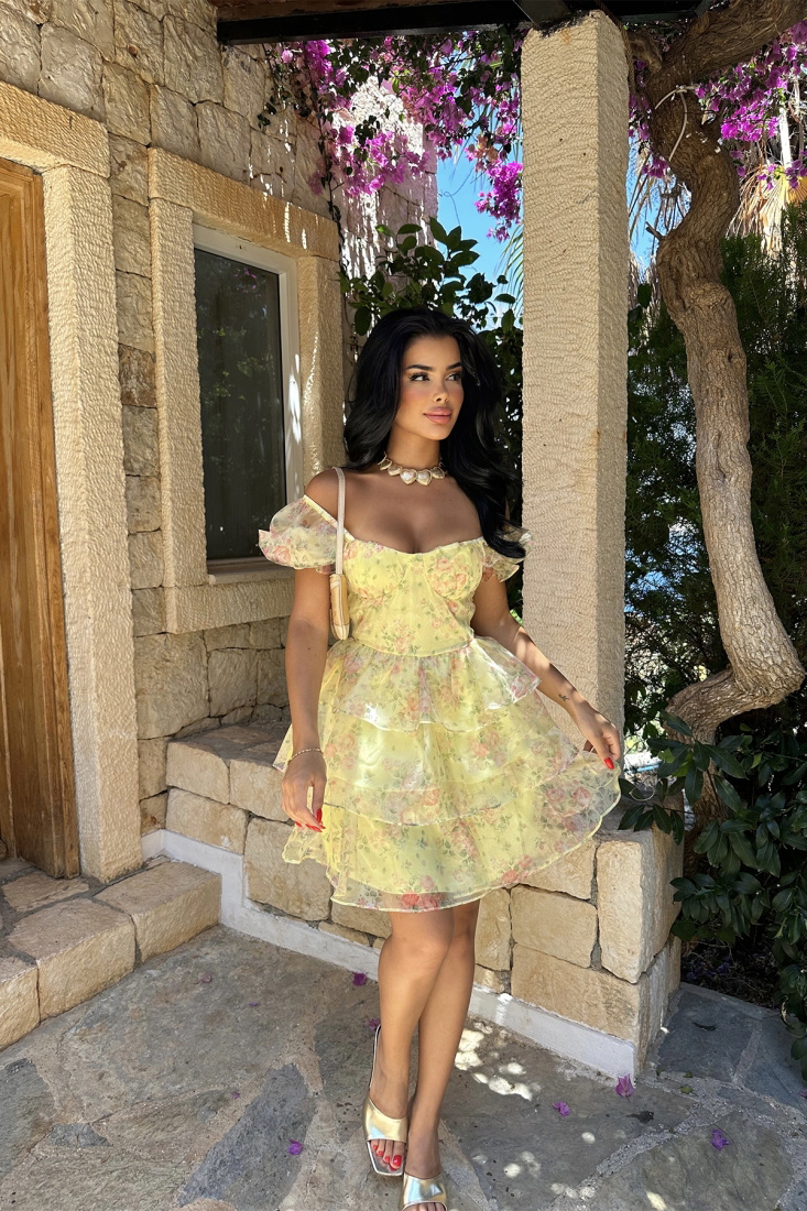 Sarı Çiçek Desen Tül Mini Elbise ATE7678 - EYYO