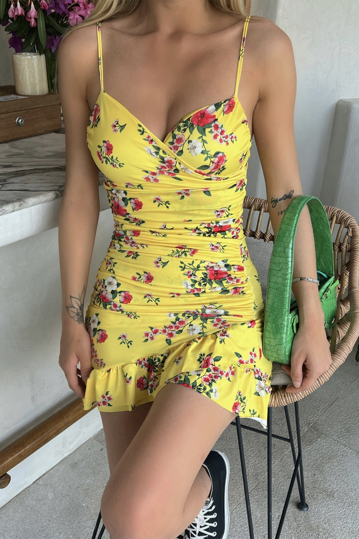 Sarı Çiçekli Mini Elbise ATE1601 - ANGEL