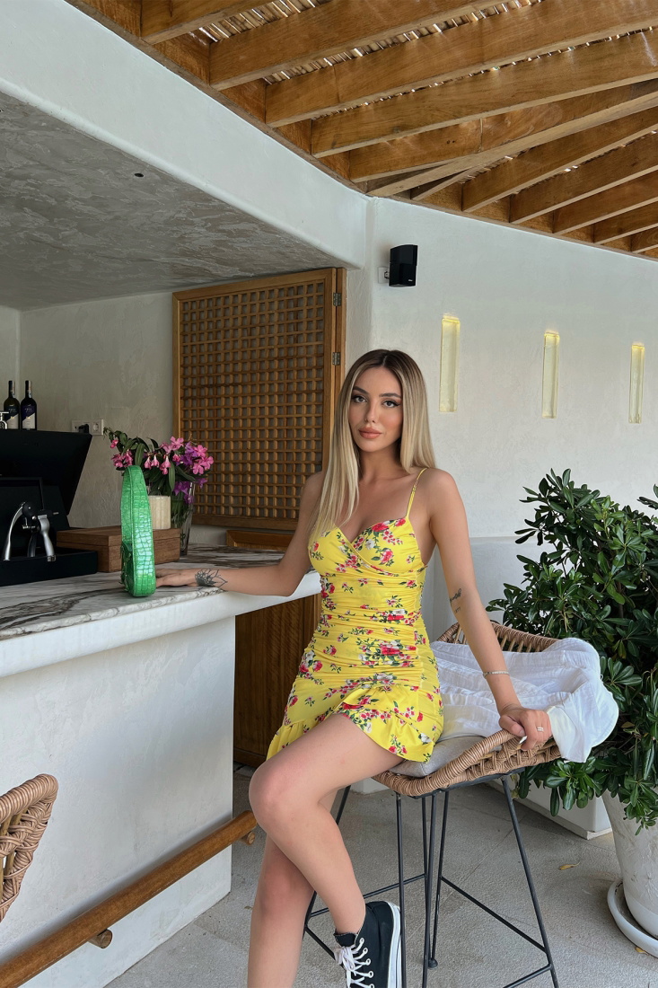 Sarı Çiçekli Mini Elbise ATE1601 - ANGEL