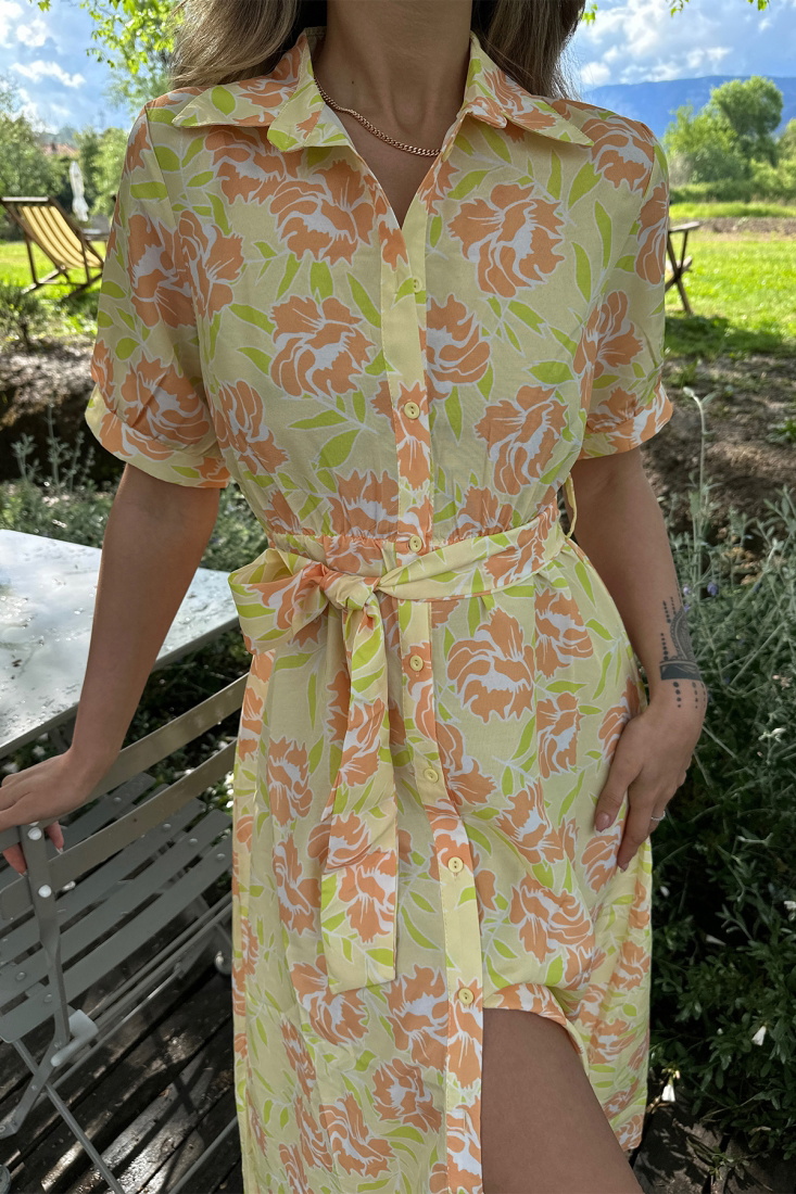 Sarı Derin Yırtmaçlı Uzun Elbise ATE6435 - EYYO