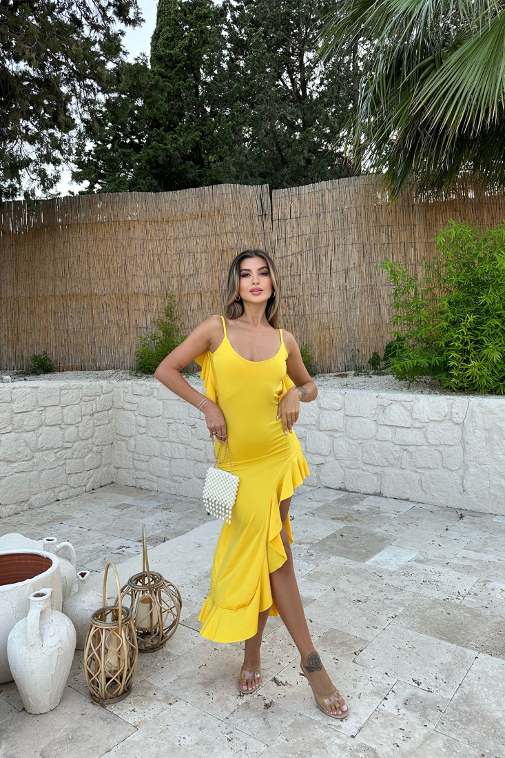 Sarı Derin Yırtmaçlı Uzun Elbise ATE7502 - EYYO