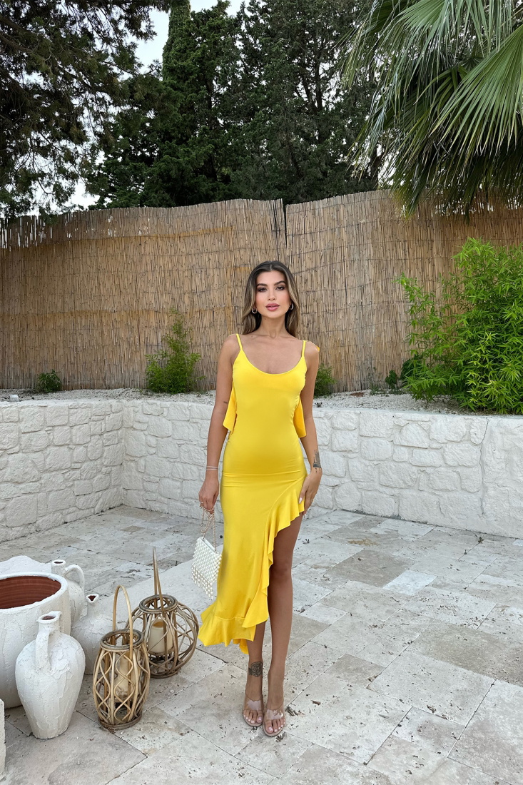Sarı Derin Yırtmaçlı Uzun Elbise ATE7502 - EYYO