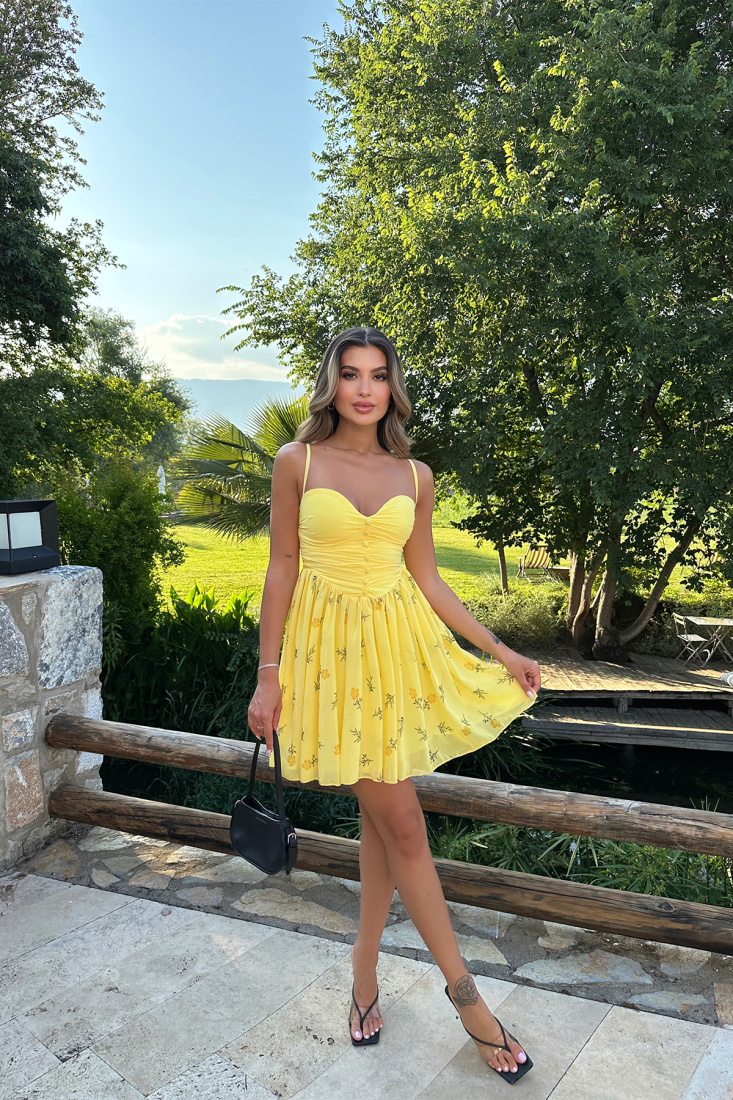 Sarı Düğme Detay Askılı Elbise ATE7256 - EYYO