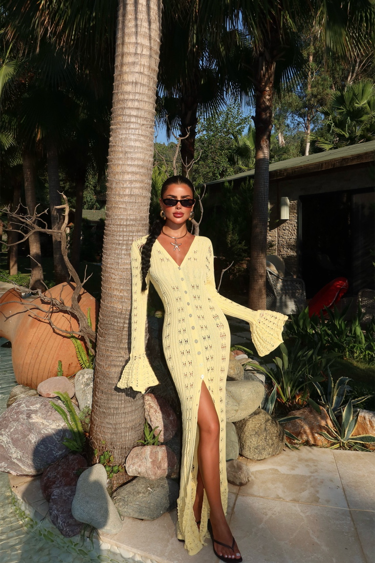 Sarı Düğme Detay Uzun Elbise ATE-3215 - EYYO