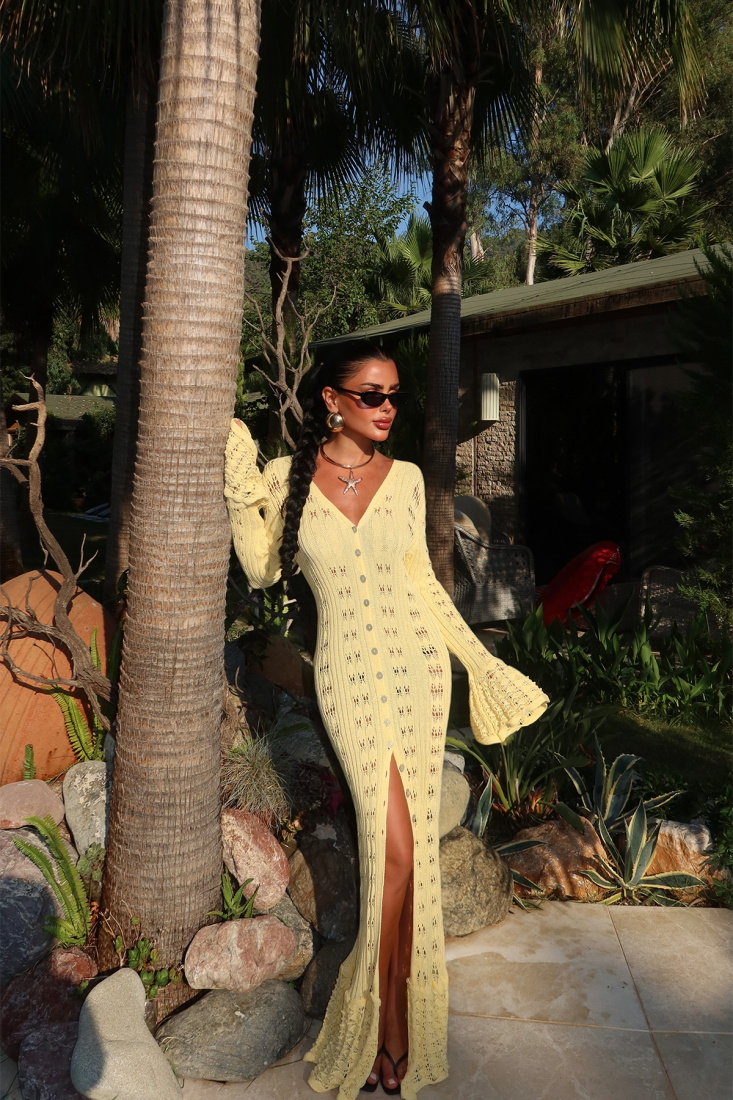 Sarı Düğme Detay Uzun Elbise ATE-3215 - EYYO