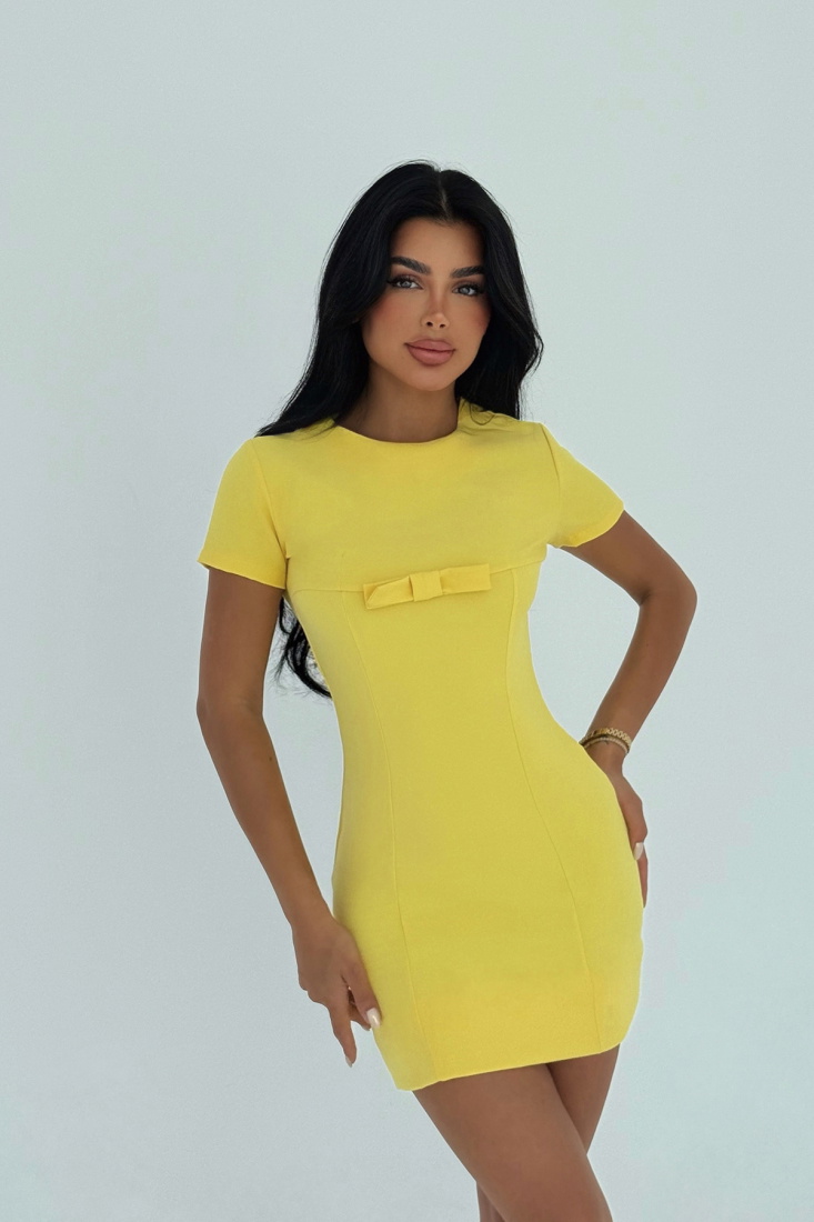 Sarı Ynise Fiyonk Detaylı Mini Elbise ATE-3013 - EYYO
