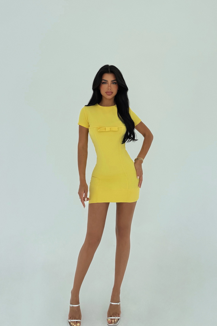 Sarı Ynise Fiyonk Detaylı Mini Elbise ATE-3013 - EYYO