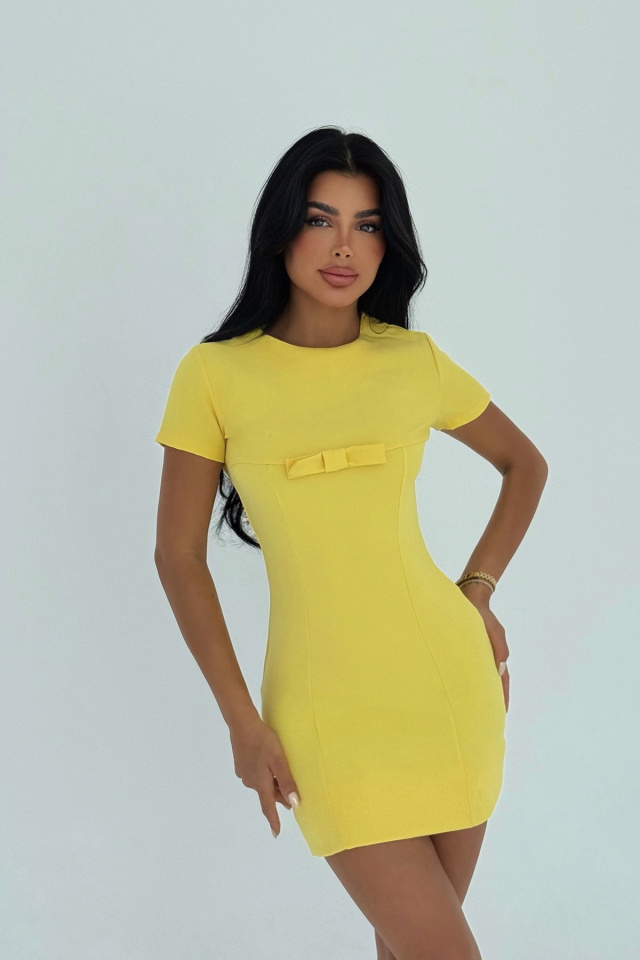 Sarı Ynise Fiyonk Detaylı Mini Elbise ATE-3013 