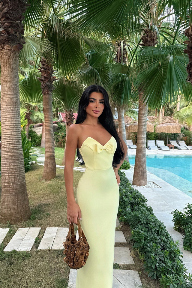 Sarı Fiyonk Detay Straplez Elbise ATE-3233 