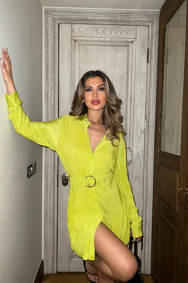 Sarı Halka Detay Önü Düğmeli Mini Elbise ATE5057 - 1