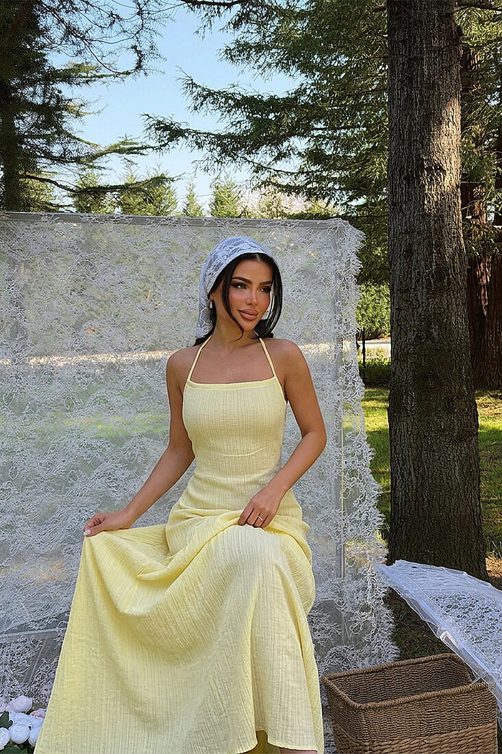 Sarı Halter Yaka Elbise ATE-5223 - EYYO