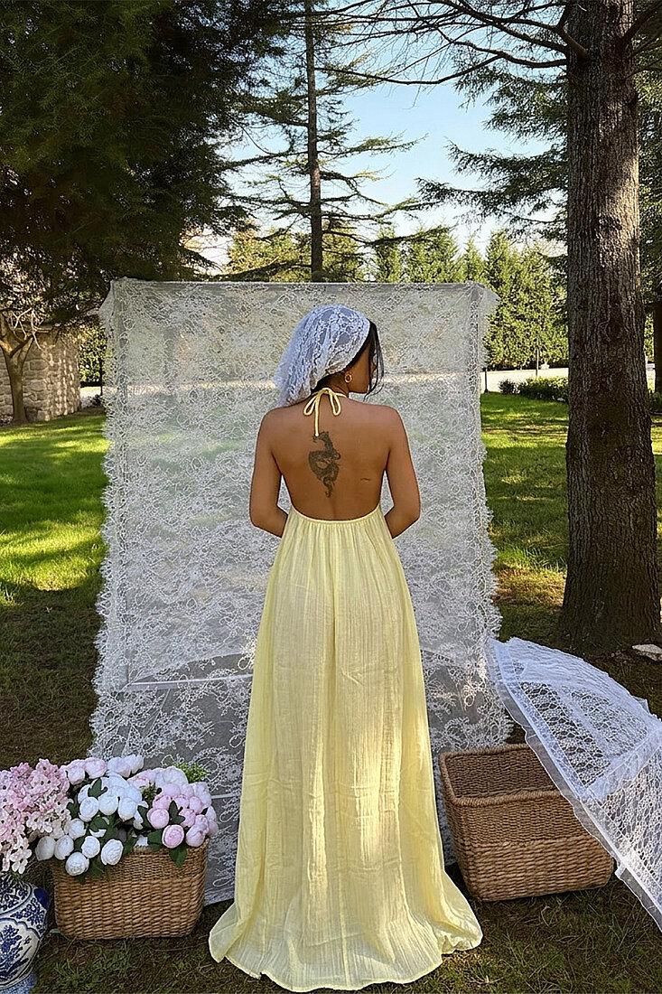 Sarı Halter Yaka Elbise ATE-5223 - EYYO