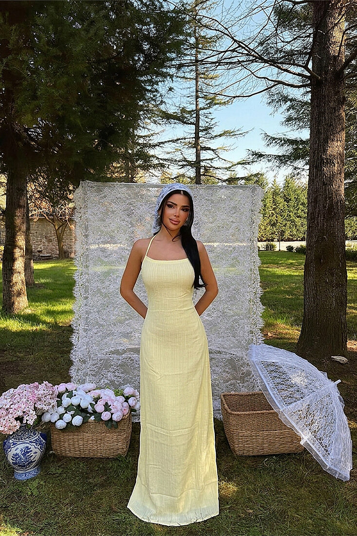 Sarı Halter Yaka Elbise ATE-5223 - EYYO