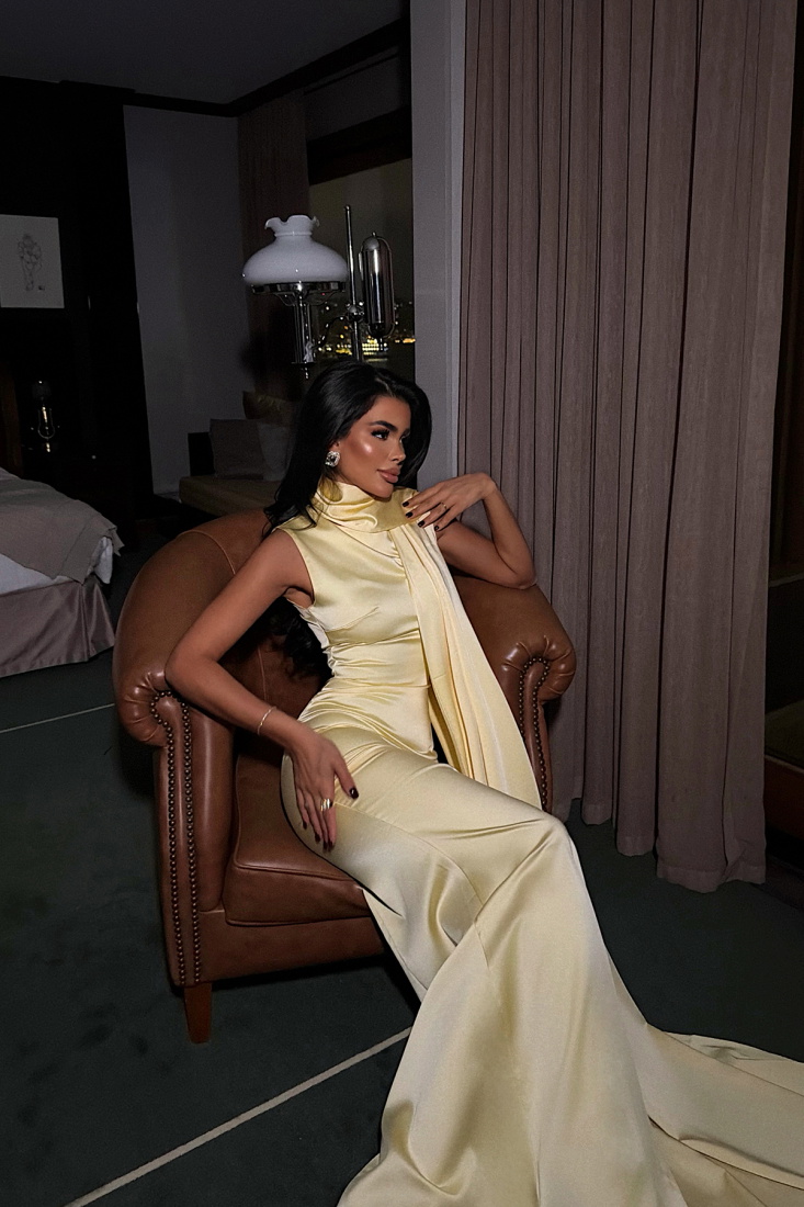 Sarı Messcy Uzun Fularlı Elbise ATE-3990 - EYYO