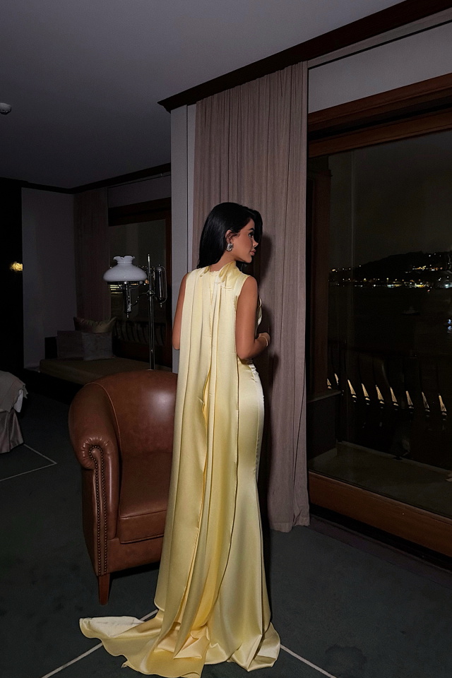 Sarı Messcy Uzun Fularlı Elbise ATE-3990 - 4