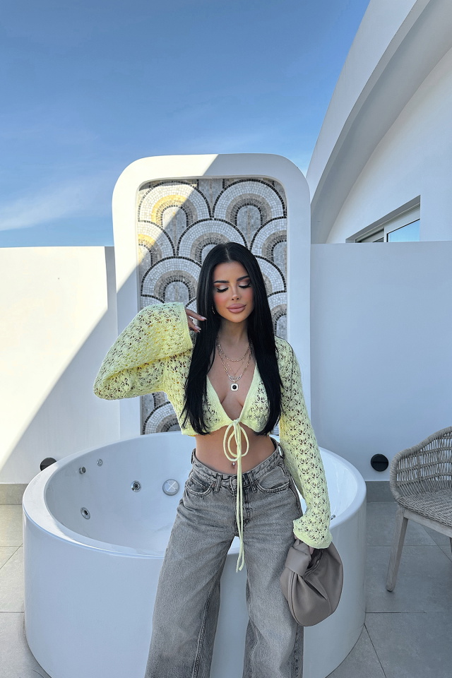 Sarı Önden Bağlamalı Crop Top