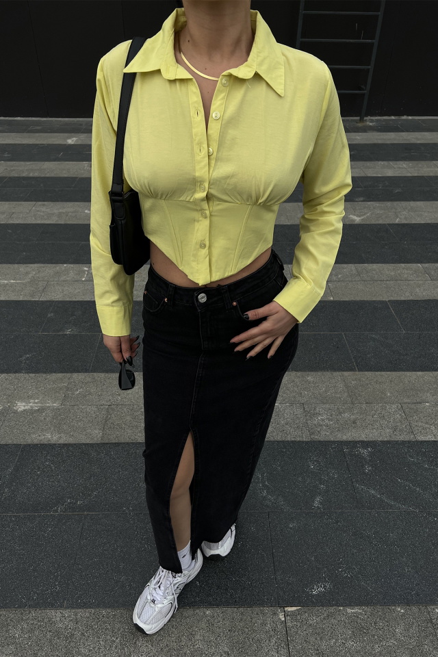 Sarı Önü Düğmeli Crop Top ATE4173 - 2