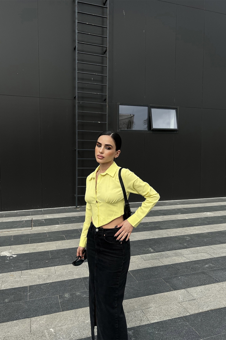 Sarı Önü Düğmeli Crop Top ATE4173 - EYYO