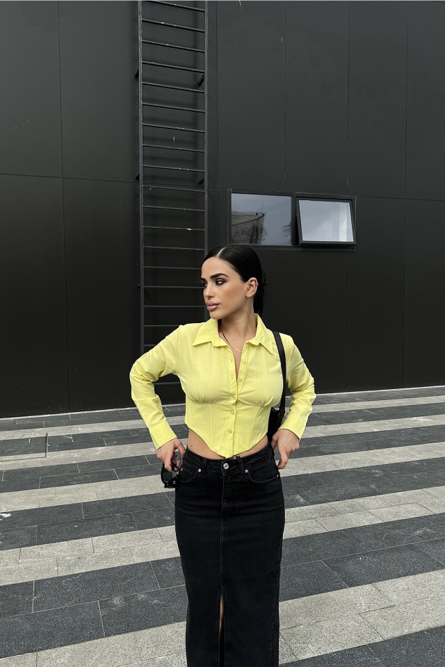 Sarı Önü Düğmeli Crop Top ATE4173 - 1