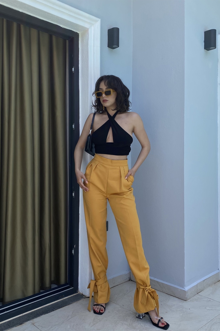 Sarı Paçası Bağlamalı Pantolon ATE13382 - Roserya