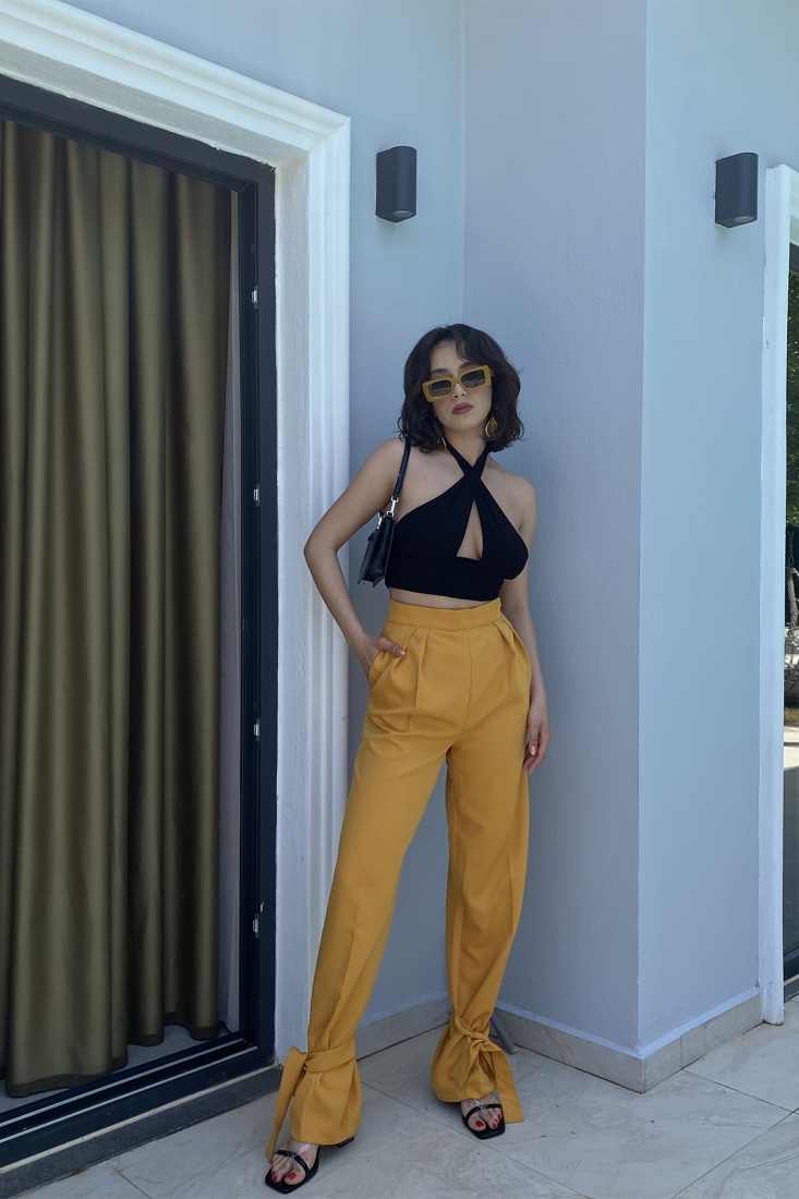Sarı Paçası Bağlamalı Pantolon ATE13382 - Roserya
