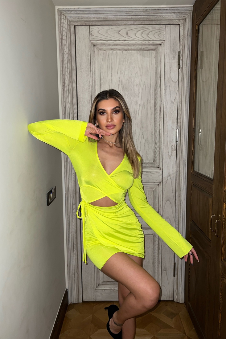 Sarı Pencere Detay Mini Elbise ATE3773 - EYYO